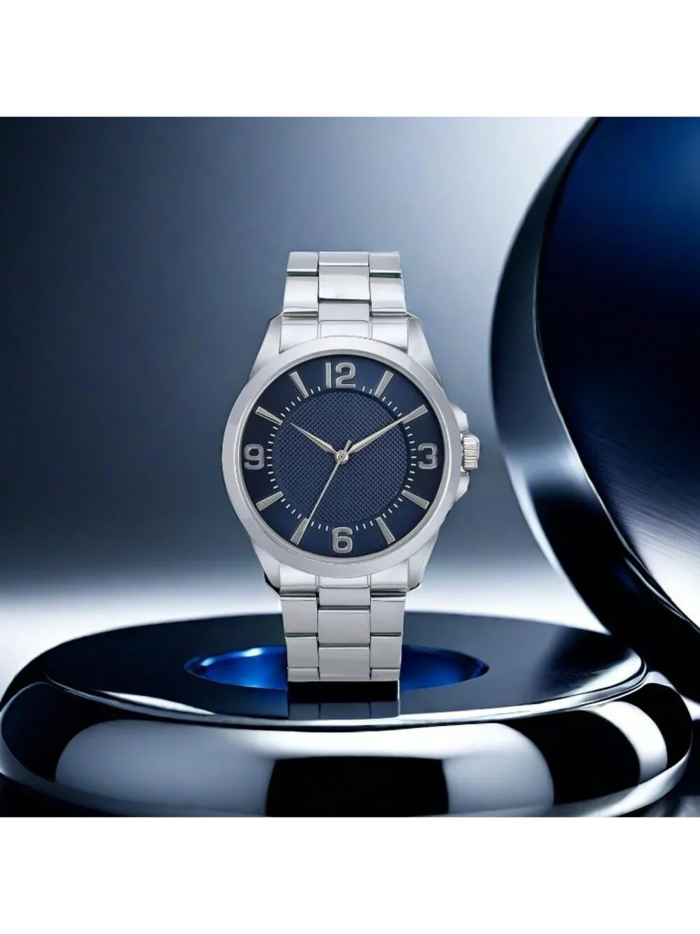Men's Silver And Blue Analog Stainless Steel Case Arabic Numerals Classic Watch